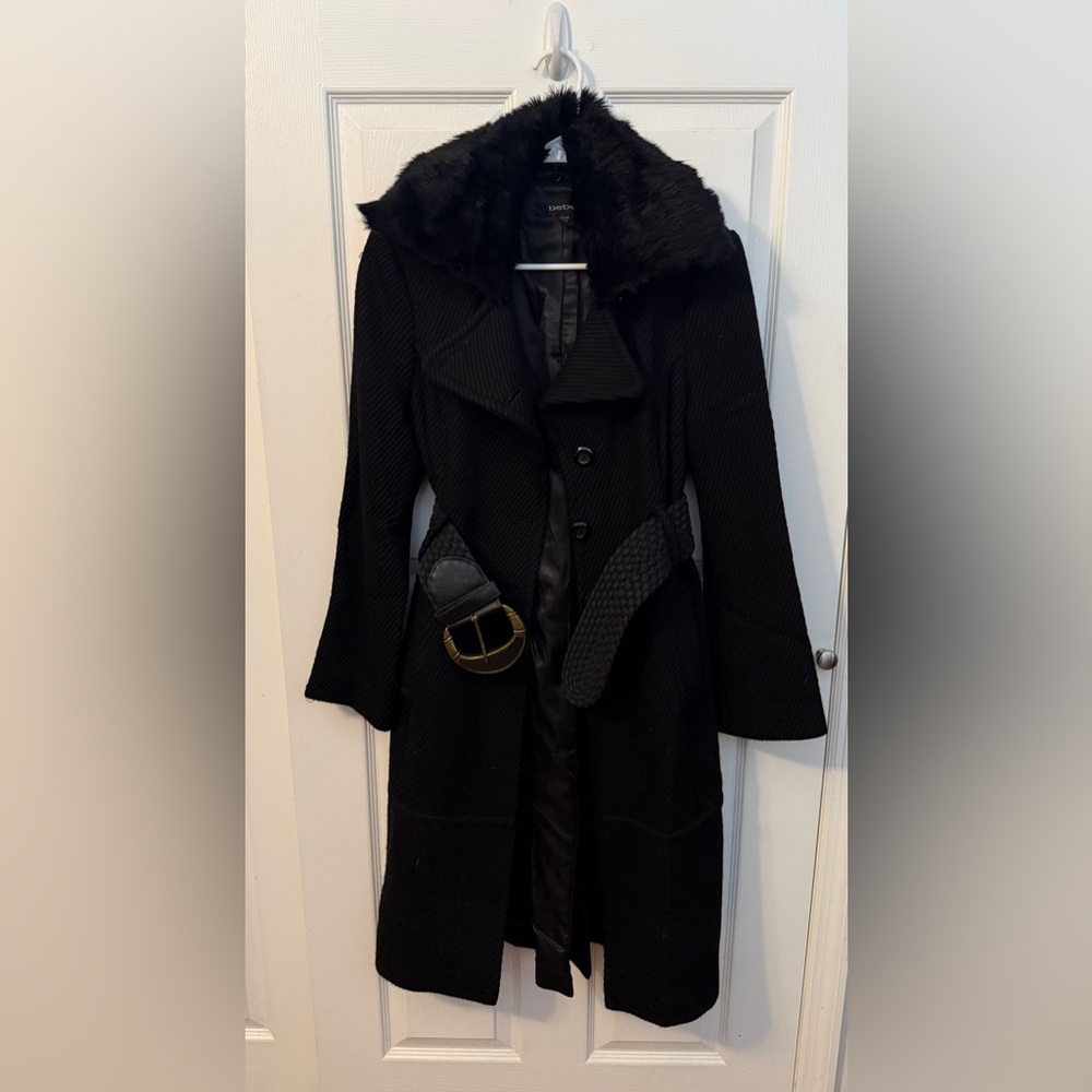 Bebe Tweed Fur Trim Belted Coat